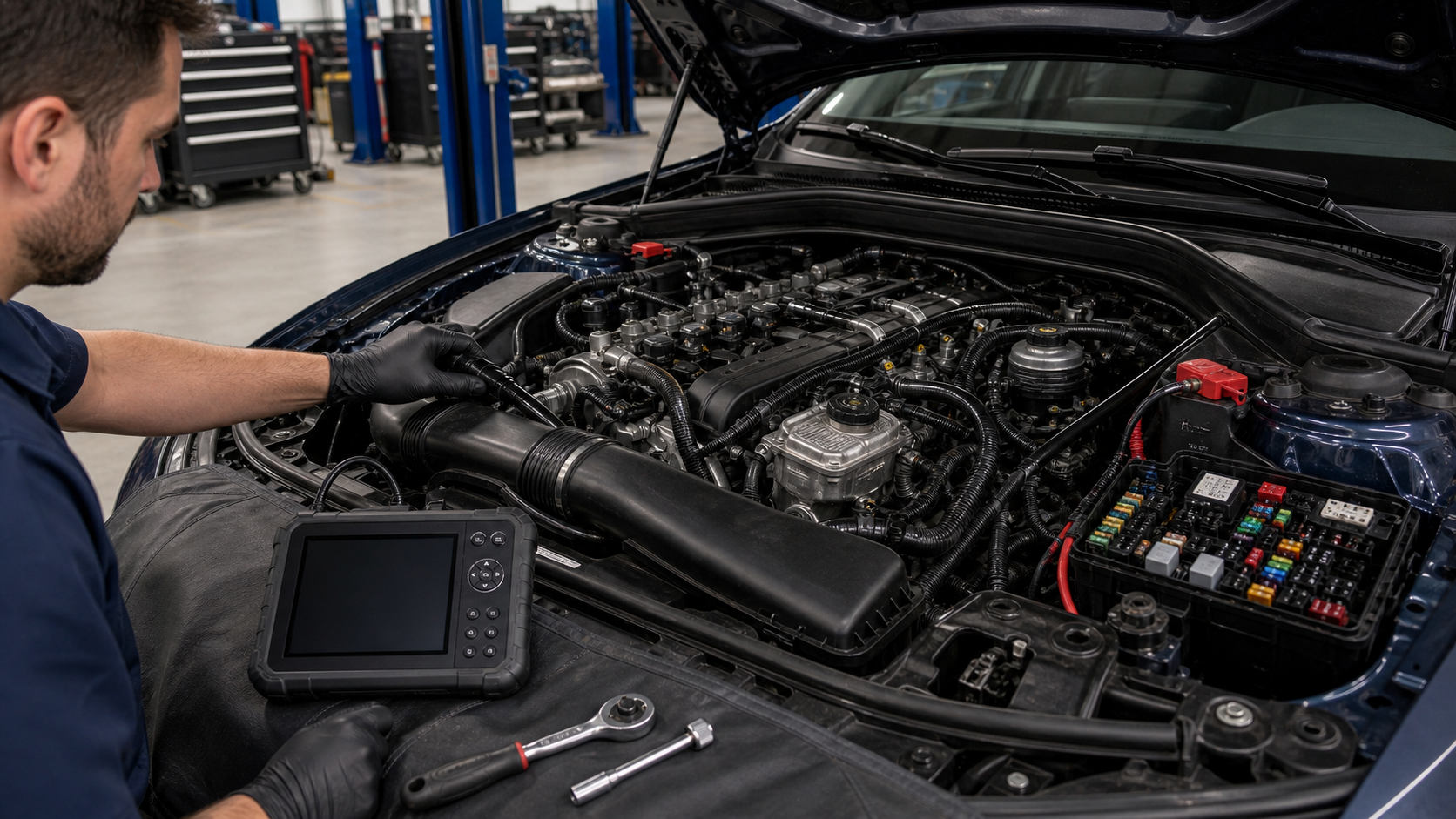BMW OBD diagnostic planning scene with engine bay, intake duct, ignition area, oxygen sensor wiring, fuse box, and scan tool