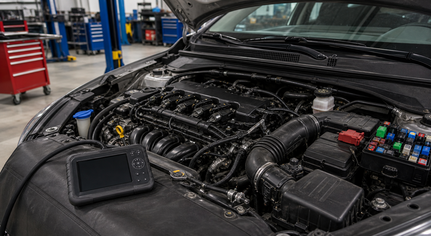 Hyundai OBD diagnostic planning scene with engine bay, ignition coils, intake duct, MAF area, fuse box, and scan tool