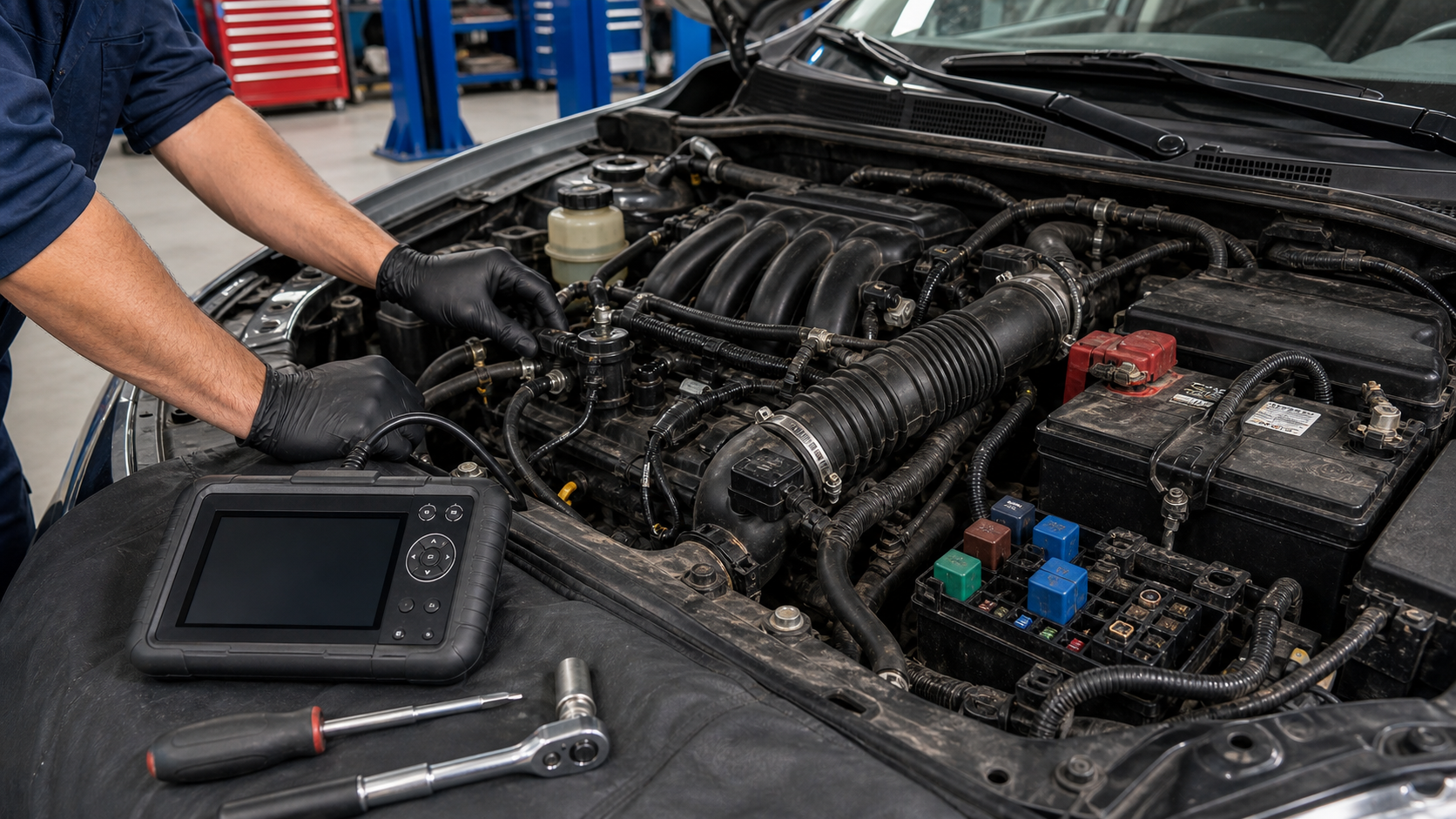 Nissan OBD diagnostic planning scene with engine bay, MAF sensor area, EVAP purge area, fuse box, and scan tool