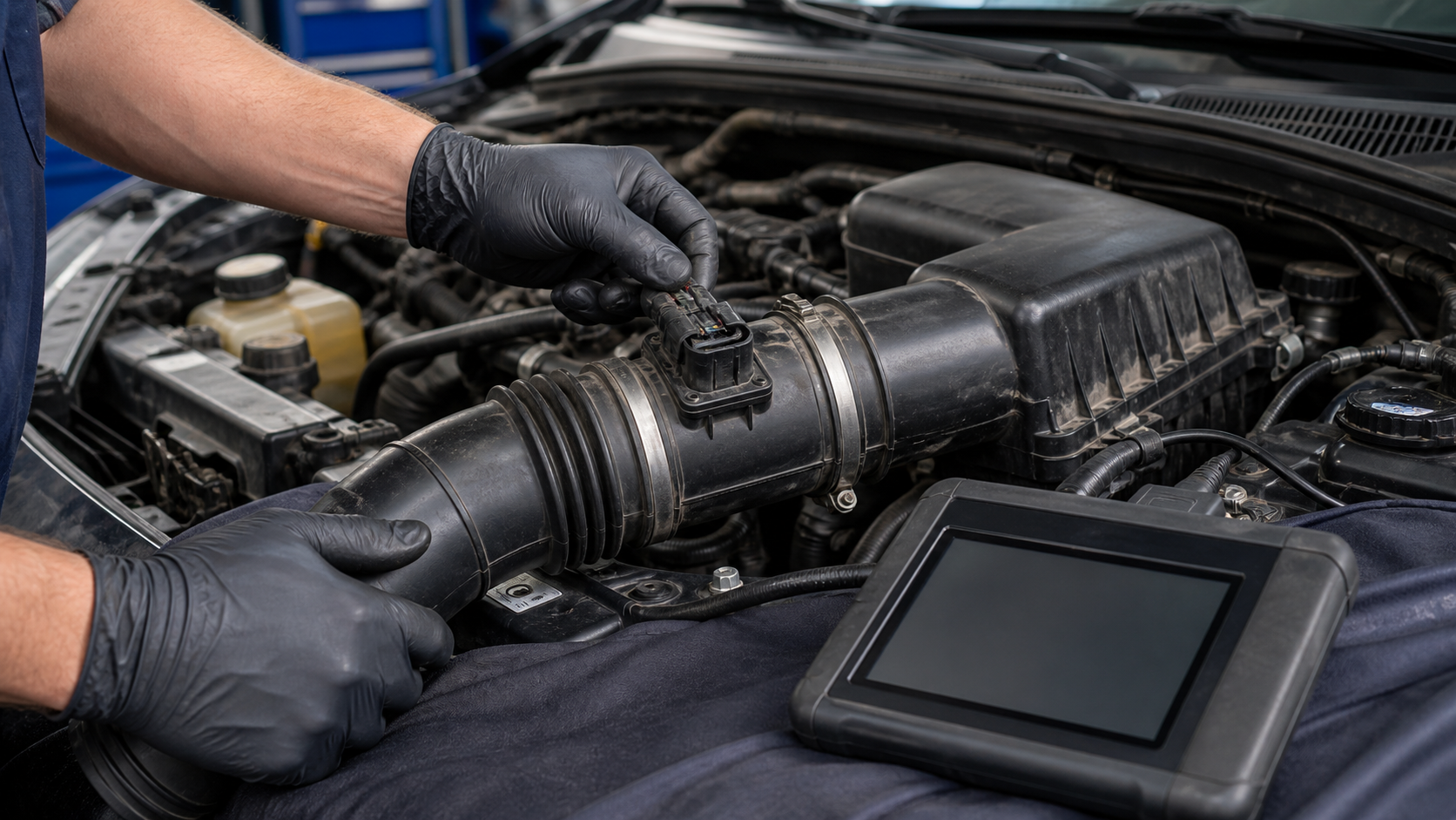 P0101 mass air flow sensor diagnosis with intake duct, MAF housing, connector, and scan tool