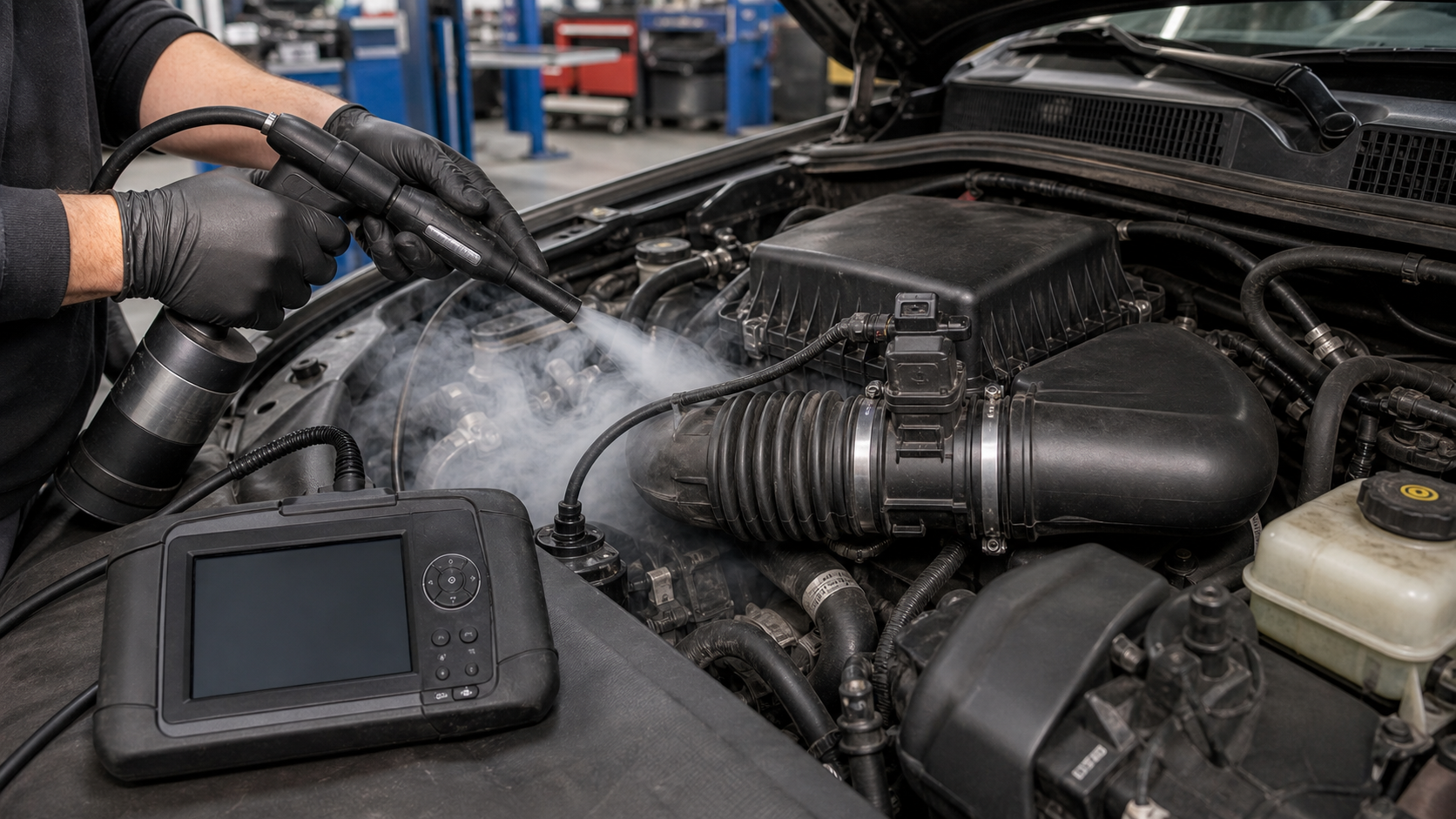 P0171 lean fuel trim diagnosis with intake duct, MAF sensor, vacuum hoses, and smoke testing