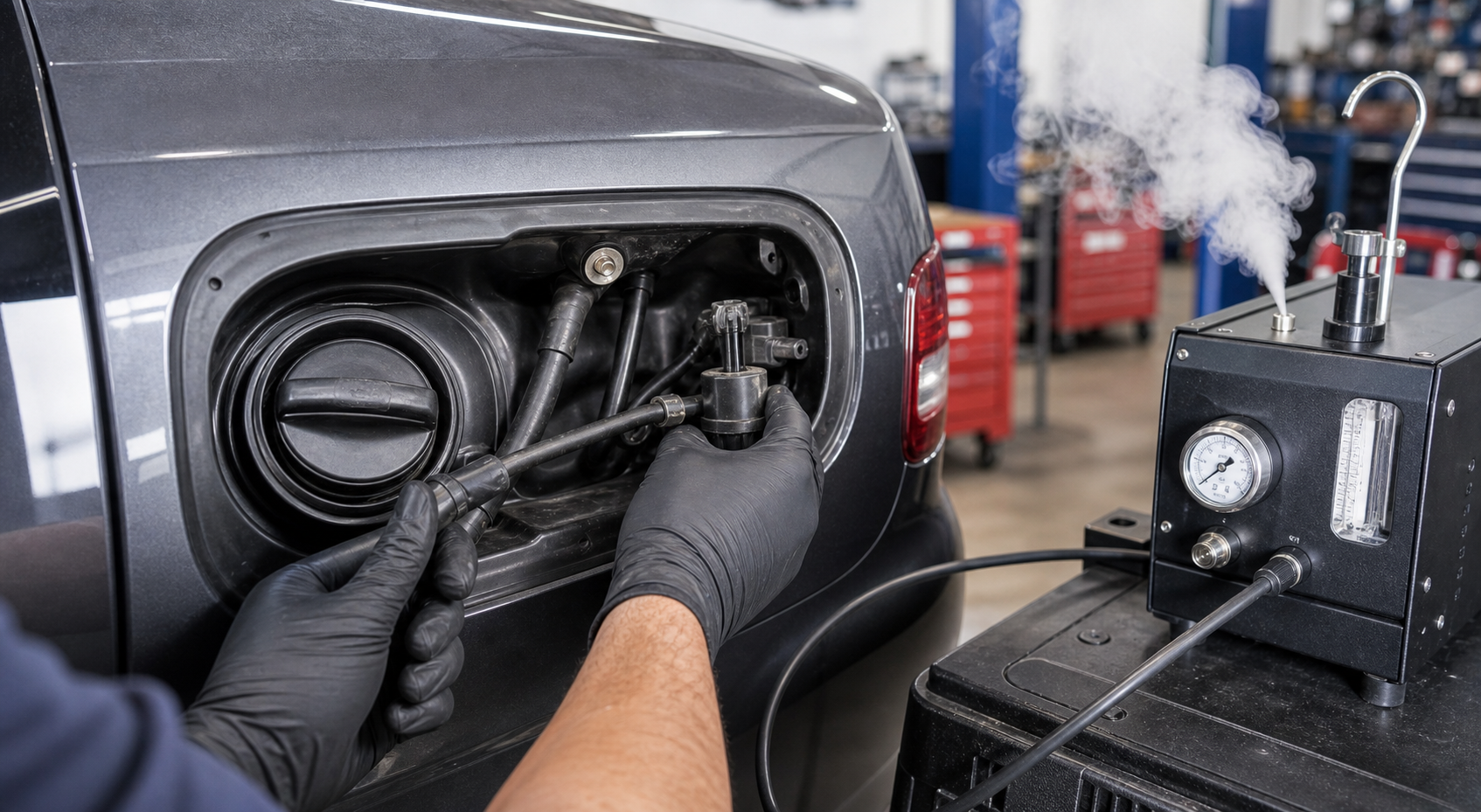 P0442 EVAP small leak diagnosis with fuel filler neck, vapor hoses, and smoke test equipment