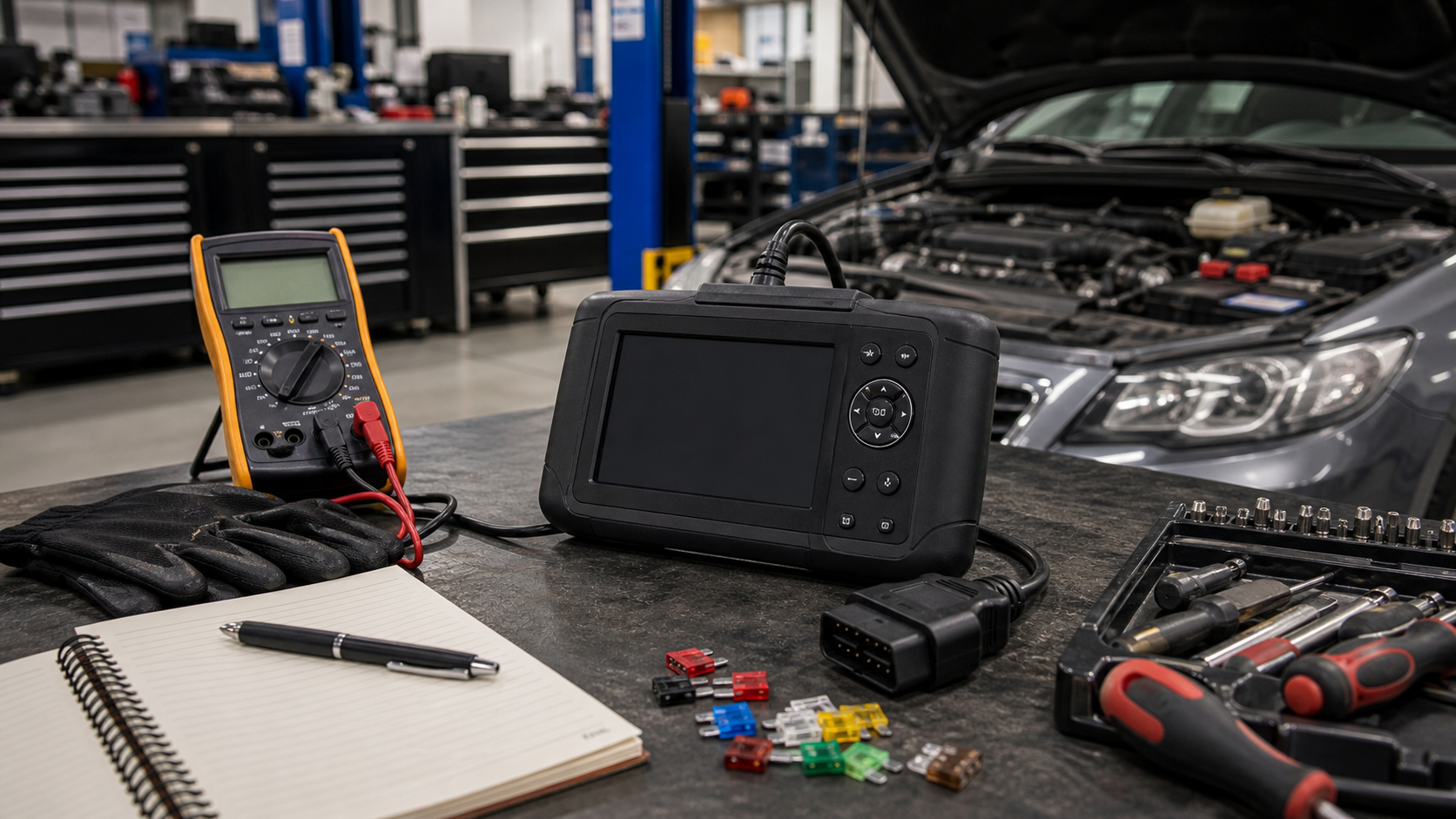 OBD diagnostic workspace with scan tool, diagnostic cable, multimeter, fuses, service gloves, and vehicle service bay