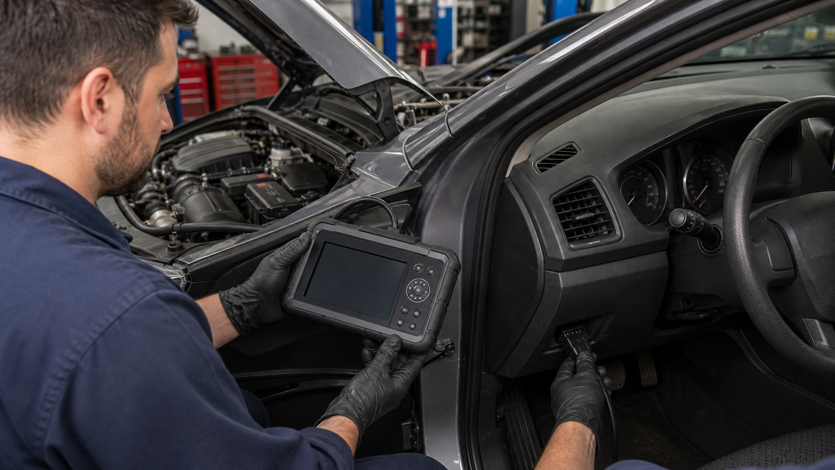 Check engine light diagnosis with OBD-II connector, scan tool, open hood, battery, fuse box, and intake area