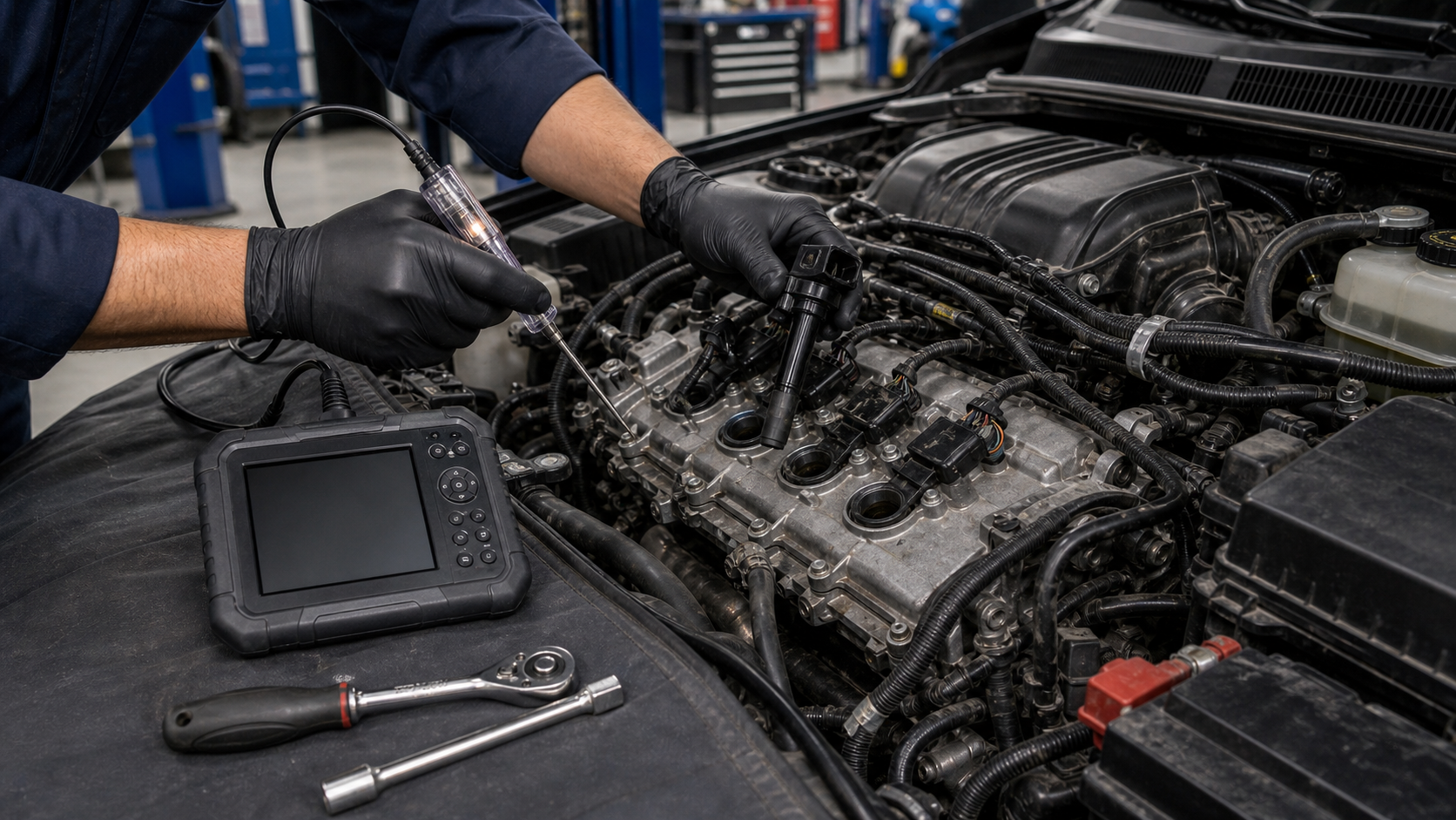Engine misfire diagnosis with ignition coils, spark plug wells, coil connectors, ignition tester, and scan tool