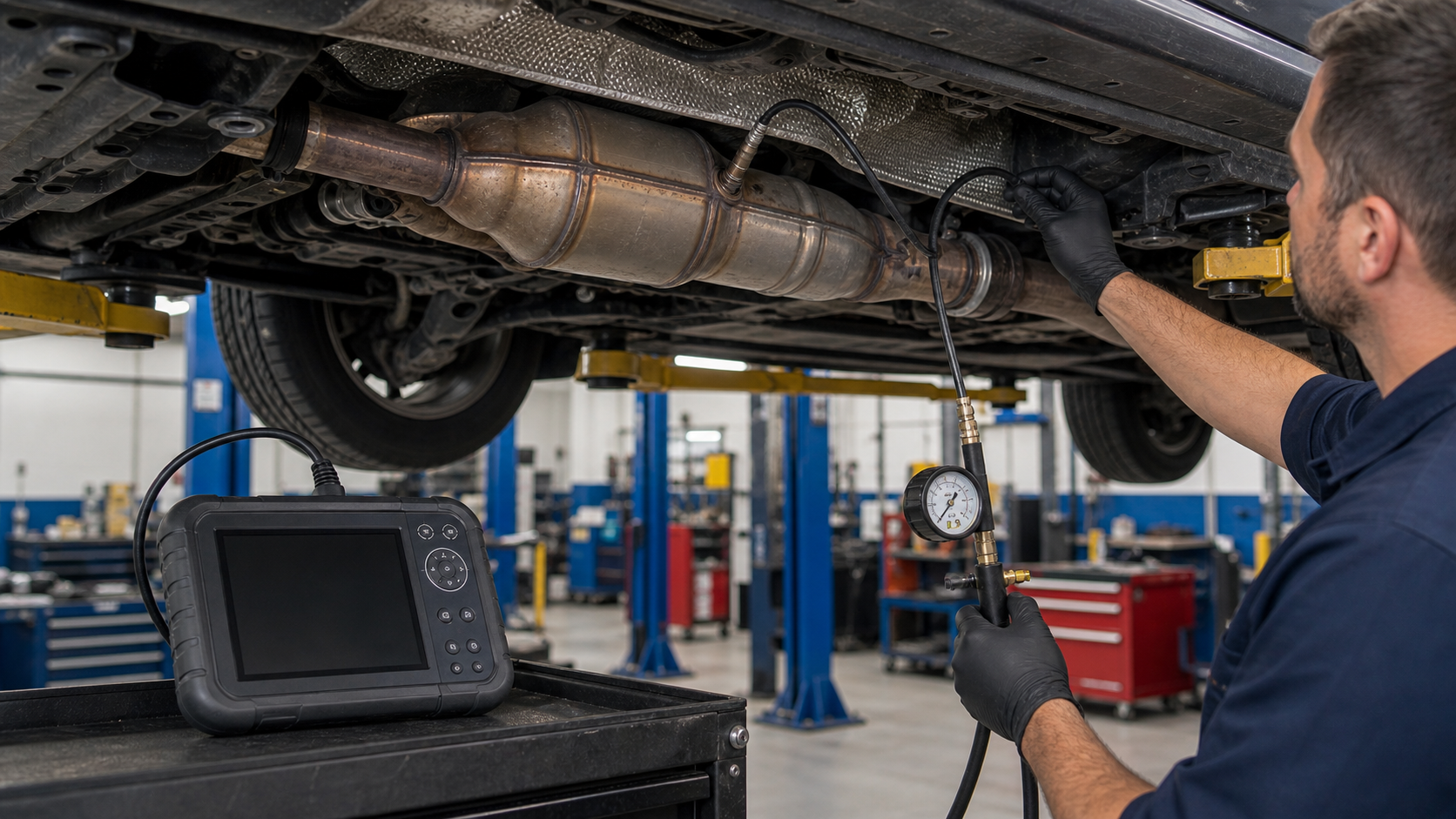 Failed emissions test diagnosis with catalytic converter, oxygen sensor, EVAP smoke test hose, and scan tool